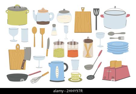 Koch Geräte und Zubehör Sammlung. Küchenutensilien, Werkzeuge, Geräte und Besteck zum Kochen. Flache Vektorgrafiken von Kochgeschirr-Objekten Stock Vektor
