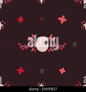 Vektor zartes nahtloses Muster mit Halbmond und Sakura auf dunklem Hintergrund. Sanfte mystische Textur mit Blumenkränzen. Spirituelle Tapete wi Stock Vektor