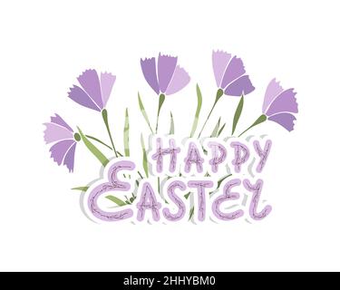 Frohe Ostern Aufkleber Schriftzug, rosa Blumen, Buchstaben mit Frühlingszweigen und Blumen. Isolierter, weißer Hintergrund. Vektorgrafik Stock Vektor