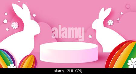 Frohe Osterhase. 3D Podestszene oder Podest auf rosa bg mit papiergeschnittenem Kaninchen, Eiern und Blume. Trendiges Osterdesign. Moderner Papierschnitt Stock Vektor