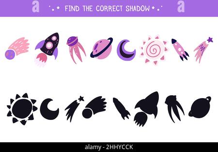 Vektor-Vorlage für Vorschulspiele. Finden Sie den richtigen Schatten. Pädagogischer Spaß für Kinder. Finde die richtige schwarze Silhouette für Weltraumelemente. Karikatur zu Meteo Stock Vektor