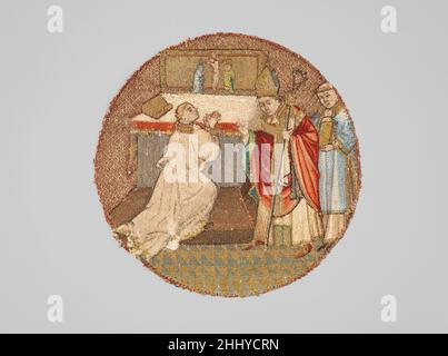 Saint Martin and Saint Hilary 1430–35 Flämisch dieser Rundbogen, zusammen mit drei weiteren in der Sammlung Lehman (1975,1.1906, 1975,1.1907 und 1975,1.1909) und zwei in der Sammlung Cloisters (47.101.63 und 47.101.64), ist Teil derselben Serie von französisch-flämischen Stickereien aus dem frühen fünfzehnten Jahrhundert, die Szenen aus dem Leben des heiligen Martin darstellen. Ursprünglich Teil eines viel größeren Ensembles (sechsunddreißig Rondelle und Tafeln sind heute in öffentlichen und privaten Sammlungen verstreut), können die Stickereien ein liturgisches Gewand, einen Altar frontal oder möglicherweise eine Kombination davon, const verziert haben Stockfoto