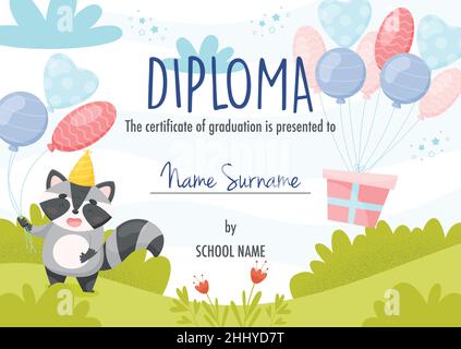 Diplom-Zertifikat Konzept Vorlage, mit niedlichen Cartoon Waschbär Charakter mit Ballons. Stock Vektor