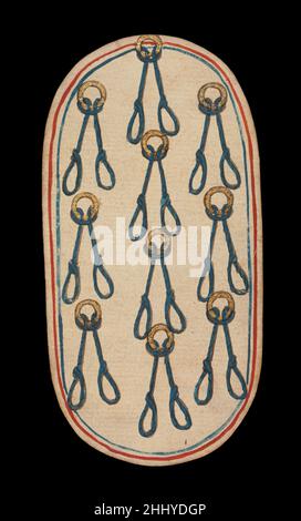 10 von Nooses, aus den Klöstern Spielkarten ca. 1475–80 Südniederländisch der Cloisters-Satz aus 52 Karten stellt das einzige bekannte komplette Kartenspiel aus dem 15. Jahrhundert dar, das aus beleuchteten gewöhnlichen Spielkarten besteht (im Gegensatz zu Tarot-Karten). Es gibt vier Farben, die jeweils aus einem König, einer Dame, einem Knauf und zehn Pip-Karten bestehen. Die Suitsymbole, die auf der Ausrüstung basieren, die mit der Jagd verbunden ist, sind Jagdhörner, Hundehalsbänder, Hundehalsbänder und Spielnoosen. Der Wert der Pip-Karten wird durch entsprechende Wiederholungen des Farbsymbols angezeigt. Die Zahlen scheinen auf Franco-Flemi zu basieren Stockfoto