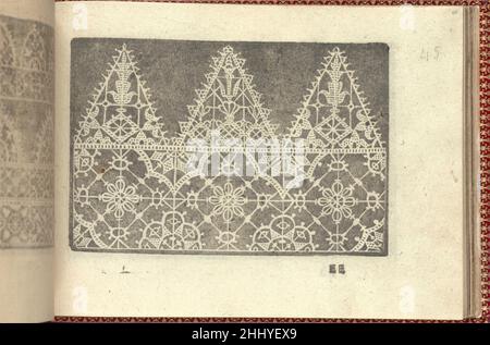 Corona delle Nobili et Virtuose Donne: Libro I-IV, Seite 45 (recto) 1601 Cesare Vecellio Italienisch Herausgegeben von Cesare Vecellio, Italienisch, Pieve di Cadore 1521-1601 Venedig, Venedig.von oben nach unten und von links nach rechts:Design bestehend aus 2 horizontalen Registern. Das obere Register ist mit 3 verzierten Dreiecken geschmückt; das linke und rechte Dreieck haben das gleiche Muster. Das untere Register ist mit einem Blumenmuster verziert, das 3 Mal wiederholt wird. Corona delle Nobili et Virtuose Donne: Libro I-IV, Seite 45 (recto) 661846 Stockfoto