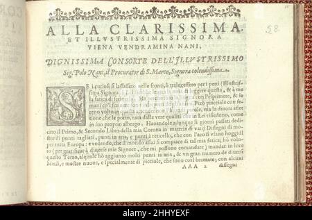 Corona delle Nobili et Virtuose Donne: Libro I-IV, Seite 58 (recto) 1601 Cesare Vecellio Italienisch Herausgegeben von Cesare Vecellio, Italienisch, Pieve di Cadore 1521-1601 Venedig, Venedig.Widmungsseite mit illustrierter Holzschnitt-Initiale 'S'. Oben auf der Seite ist ein Rand aus Laub. Der gesamte Text ist schwarz gedruckt. Corona delle Nobili et Virtuose Donne: Libro I-IV, Seite 58 (recto) 661865 Stockfoto