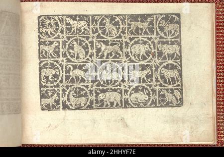 Corona delle Nobili et Virtuose Donne: Libro I-IV, Seite 116 (recto) 1601 Cesare Vecellio Italienisch Published by Cesare Vecellio, Italienisch, Pieve di Cadore 1521-1601 Venedig, Venedig.von oben nach unten und von links nach rechts:Design, bestehend aus 4 Reihen mit einem abwechselnden Muster aus Kreisen und Quadraten. Jede Form umrahmt eine andere Kreatur oder ein anderes Tier, einschließlich eines Drachen, eines Hundes, eines Affen, eines Löwen, Schwein, Einhorn, Elefant usw. Corona delle Nobili et Virtuose Donne: Libro I-IV, Seite 116 (recto) 661967 Stockfoto