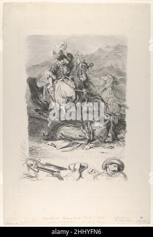 Kampf der Giaour und der Pascha 1827 Eugène Delacroix Französisch die orientalischen Themen der Autoren des frühen 19. Jahrhunderts waren eine Inspirationsquelle für romantische Maler. Lord Byrons Giaour war ein Favorit von Gericault und Delacroix. Byron behauptete, dass die Geschichte eines tragischen Liebesdreiecks, das die Giaour (Ungläubigen), den Pascha Hassan und die schöne Konkubine des Pascha umfasst, auf der Geschichte eines jungen Venezianers basierte, der in einem levantinischen Kaffeehaus gehört wurde. Kurz nach der Veröffentlichung der französischen Übersetzung im Jahr 1823 las Delacroix das Gedicht und bemerkte in seiner Zeitschrift den "Austausch von tw Stockfoto