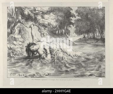 Der Tod von Ophelia 1843 Eugène Delacroix Französisch 1834 begann Delacroix eine Reihe von Lithographien, die Hamlet gewidmet waren und launische Bilder schufen, die die unruhige Psyche des Prinzen widerspiegeln. Durch die Auswahl von Schlüsselszenen und poetischen Passagen waren die höchst persönlichen und dramatischen Bilder des Künstlers in Frankreich ungewöhnlich, wo sich das Interesse an Shakespeare erst im 19. Jahrhundert entwickelte. Hier ist Ophelia, deren Geist sich durch den Mord an ihrem Vater Polonius und die Ablehnung durch Hamlet aufgelenkt hat, während sie Blumen pflückt, in einen Strom gefallen, und ihr wasserbeflecktes Kleid wird sie bald zu einem „matschigen Tod“ hinabschleppen. Thi Stockfoto