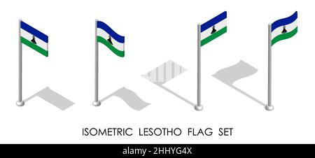 Isometrische Flagge von LESOTHO in statischer Position und in Bewegung auf Fahnenmast. 3D Vektor Stock Vektor