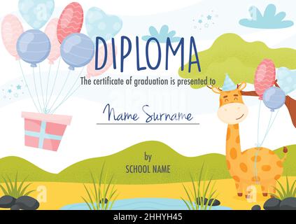 Diplom-Zertifikat Konzept Vorlage, mit niedlichen Cartoon Giraffe Charakter mit Ballons. Stock Vektor