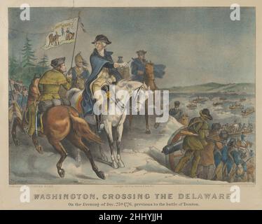 Washington, Crossing the Delaware – am Abend des 25th 1776. Dez., vor der Schlacht von Trenton. 1876 Currier & Ives amerikanische Szene aus der amerikanischen Revolution. George Washington links auf dem Pferderücken zeigt auf den Fluss, während die Truppen in Ruderbooten über den Fluss einschiffen. Washington, Crossing the Delaware – am Abend des 25th 1776. Dez., vor der Schlacht von Trenton. 659878 Stockfoto