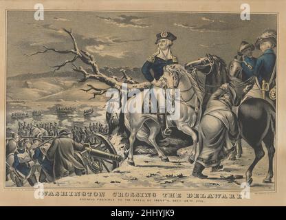 Washington Crossing the Delaware–Evening Previous to the Battle of Trenton, 25th. Dezember 1776 1847 lithographiert und veröffentlicht von Nathaniel Currier amerikanische Szene aus der amerikanischen Revolution. George Washington saß auf dem Pferd rechts mit Blick auf Truppen, die in Boote geladen wurden, um den Delaware River zu überqueren. Washington überquert den Delaware-Abend vor der Schlacht von Trenton, 25th. Dezember 1776 660980 Stockfoto