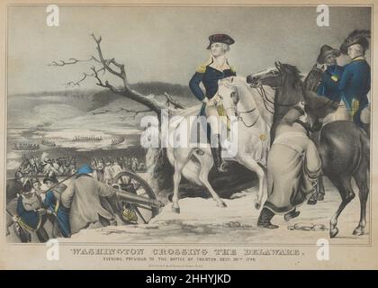 Washington Crossing the Delaware–Evening Previous to the Battle of Trenton, 25th. Dezember 1776 1847 lithographiert und veröffentlicht von Nathaniel Currier amerikanische Szene aus der amerikanischen Revolution. George Washington saß auf dem Pferd rechts mit Blick auf Truppen, die in Boote geladen wurden, um den Delaware River zu überqueren. Washington überquert den Delaware-Abend vor der Schlacht von Trenton, 25th. Dezember 1776 661683 Stockfoto