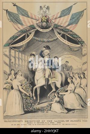 Washingtons Empfang der Damen über die Brücke in Trenton, N.J., April 1789, auf seinem Weg zur Einweihung des ersten Präsidenten der Vereinigten Staaten 1845, lithographiert und veröffentlicht von Nathaniel Currier American George Washington zu Pferd, begleitet von anderen Herren, Wird von Damen begrüßt, die Blumen tragen, während er über die Brücke in Trenton fährt. Banner tragen folgende Inschriften: 'Schlacht von Trenton, 26. Dezember 1776' 'der Verteidiger der Mütter wird der Proctor der Töchter sein.'. Washington's Empfang der Damen über die Brücke in Trenton, N.J., 1789. April, o Stockfoto