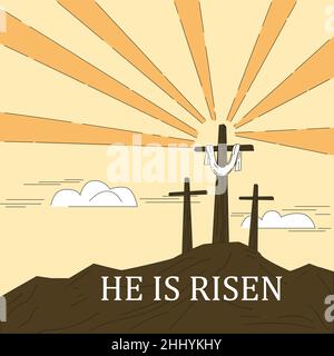 Christliches Kreuz auf dem religiösen Feiertag Ostern. Text Er ist auferstanden, feiert die Auferstehung. Skizzieren Sie das Kritzeln Stock Vektor