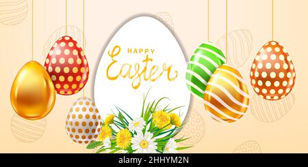 Frohe Ostern farbige Eier Banner Vorlage, Schriftzug. Realistischer Glanz verziert, bemalte Eier, bunte Frühlingsblumen Kamille, Löwenzahn. Feder Stock Vektor