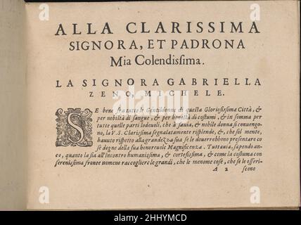 Prima Parte de' Fiori, e Disegni di vie sorti di Ricami Moderni, Seite 2 (recto) 1591 Giovanni Battista Ciotti Italienisch Geschrieben von Giovanni Battista Ciotti, herausgegeben von Francesco de' Franceschi, italienisch, aktiv 16th. Jahrhundert.Widmungsseite in Schwarz gedruckt. Bebilderte Holzschnitt-Initiale „S“. Prima Parte de' Fiori, e Disegni di varie sorti di Ricami Moderni, Seite 2 (recto) 660910 Stockfoto