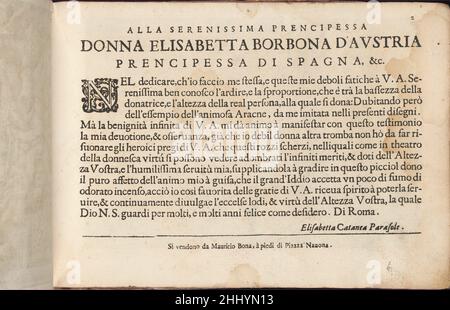 Teatro delle Nobili et Virtuose Donne..., Seite 2 (recto) 1616 Isabella Catanea Parasole Italienisch Geschrieben von Isabella Catanea Parasole, Italienisch, ca. 1575-ca. 1625, herausgegeben von Mauritio Bona, Rom. Widmungsseite in schwarz mit dekorativer Holzschnitt-Initiale 'N' gedruckt. Teatro delle Nobili et Virtuose Donne..., Seite 2 (recto) 661969 Stockfoto