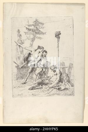 Satyr Familie (Pan und seine Familie), aus der Scherzi ca. 1743–50 Giovanni Battista Tiepolo der Italiener Tiepolo, der für seine leuchtenden Fresken berühmt war, die von olympischen Göttern und allegorischen Figuren bevölkert waren, gab seiner Fantasie in seiner Druckserie die Scherzi freien Lauf, von der einige die Nymphen und Satyrs darstellen, die Anhänger des Bacchus (des griechischen Dionysos) waren, gott des Weines. Seit der Renaissance sind Satyrs oft nicht mehr von Pan zu unterscheiden – der Ziegenbeine in der antiken Kunst –, doch die sitzende Figur hier mit seinen Hörnern und seiner borstigen Krone, Pfeifen in der Hand, könnte als der waldgott gedacht werden. Sa Stockfoto