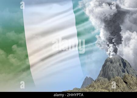 Hoher Vulkanausbruch bei Tag mit weißem Rauch auf Nigeria Flagge Hintergrund, Probleme wegen Eruption und Vulkanasche konzeptuelle 3D illustrative Stockfoto