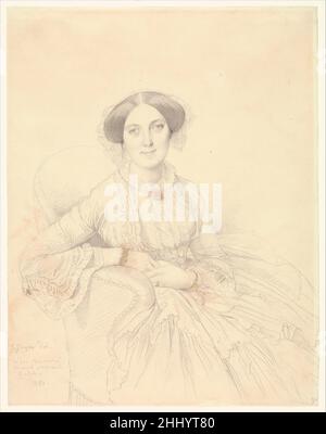 Madame Félix Gallois 1852 Jean Auguste Dominique Ingres French Ingres porträtierte sein ganzes Leben lang seine Zeitgenossen. Ob in Öl auf Leinwand oder Graphit auf Papier, er brachte sorgfältige Konzentration auf die Aufgabe, die Schaffung von Ähnlichkeiten der atemberaubenden Verisimilide. Nathalie Gallois war eine Cousine von Ingres's zweiter Frau Delphine Ramel, die er 1852 heiratete. Mit gewohnter Leichtigkeit und dem Hauch eines Bleistifts präsentiert Ingres seine bürgerliche Verwandte mit Patrizier-Raffinerie, die die Falten und Rüschen ihres eleganten Kleides detailiert. Ingres schont keine Schmuckstücke und hat Nathalies Schmuck hervorgehoben Stockfoto