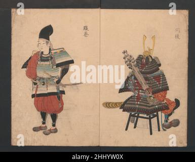 Illustrationen zum Tragen von Waffen und Rüstung 1848 Yamaguchi Bisu. Abbildungen zeigen das Tragen von Waffen und Rüstung. Yamaguchi Bisu. Japan. 1848. Tinte und Farbe auf Papier. Edo-Zeitraum (1615–1868). Illustrierte Bücher Stockfoto