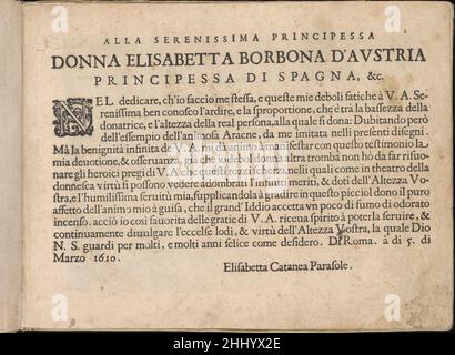 Fiore D'Ogni Virtu per le Nobili et Honeste Matrone, Seite 2 (recto) 1610 Isabella Catanea Parasole Italienisch gestaltet von Isabella Catanea Parasole, Italienisch, ca. 1575-ca. 1625, herausgegeben von Antonio Fachetti, Rom.Titel in Schwarz mit Wappen von Cardona und Aragon darunter, vermutlich die Arme von Ioana de Aragon y Cardona, der dieses Buch gewidmet ist. Fiore D'Ogni Virtu per le Nobili et Honeste Matrone, Seite 2 (recto) 661610 Stockfoto