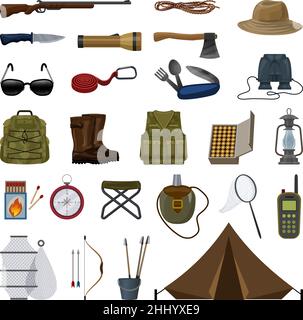 Jagdausrüstung Symbole Satz Cartoon-Vektor. Angeln Camping Stock Vektor