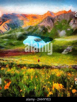 Atemberaubende Naturlandschaft. Farbenfrohe Berge und Seestücke. Berühmte Aussicht auf Reisen im Freien. Handgemalte Ölkunst auf Leinwand. Große Malerei. Wallpap Stockfoto