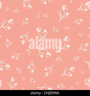 Moderne abstrakte wilde Wiese Blume nahtlose Vektor-Muster Hintergrund. Hintergrund im Kunstlino-Druck mit verstreuten cremeweißen rosa Blüten, Stielen und Stock Vektor