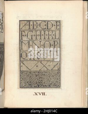 Esemplario di lavori, Seite 16 (verso) August 1529 Nicolò Zoppino Italienisch Herausgegeben von Nicolo Zoppino, Italienisch, aktiv 16th Jahrhundert, Venedig.von oben nach unten und von links nach rechts:Design bestehend aus 2 horizontalen Registern: Oben zeigt Alphabet in schwarzen Buchstaben, und unten zeigt Alphabet in weißen Buchstaben in dreieckiger Form. Esemplario di lavori, Seite 16 (verso) 658830 Stockfoto