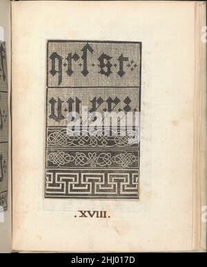 Esemplario di lavori, Seite 17 (verso) August 1529 Nicolò Zoppino Italienisch Herausgegeben von Nicolo Zoppino, Italienisch, aktiv 16th Jahrhundert, Venedig.von oben nach unten, und von links nach rechts:erster Teil des Alphabets. Buchstaben in schwarz gedruckt und durch ein kleines schwarzes '+' getrennt. Esemplario di lavori, Seite 17 (verso) 658832 Stockfoto