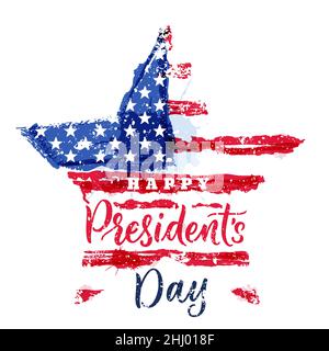 Alles Gute Zum Präsidenten Tag. Vektorgrafik. Handgezeichnete Kalligraphie-Schriftzüge und amerikanische Aquarellflagge in Sternform. USA Holiday Print, Banner, Pos. Stock Vektor