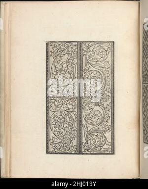 Esemplario di lavori, Seite 6 (verso) August 1529 Nicolò Zoppino Italienisch Herausgegeben von Nicolo Zoppino, Italienisch, aktiv 16th Jahrhundert, Venedig.von oben nach unten und von links nach rechts:Design bestehend aus 2 vertikalen Bändern: 2 Acanthus-Spulen, die durch eine fast symmetrische Gruppe von Blättern auf beiden Seiten getrennt sind, und 4 Acanthus-Hauptspulen, die in der Mitte durch ein kleines Band verbunden sind. Esemplario di lavori, Seite 6 (verso) 658732 Stockfoto