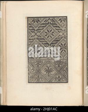 Esemplario di lavori, Seite 7 (verso) August 1529 Nicolò Zoppino Italienisch Herausgegeben von Nicolo Zoppino, Italienisch, aktiv 16th Jahrhundert, Venedig.von oben nach unten und von links nach rechts:Design bestehend aus 2 horizontalen Registern: Oben ist größer mit schwarzen Schneeflocken-Mustern innerhalb von Diamanten, unten mit schwarzen Insekten-aussehenden Mustern.. Esemplario di lavori, Seite 7 (verso) 658756 Stockfoto