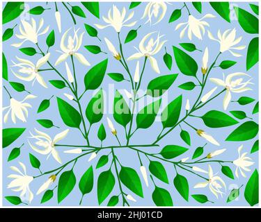 Schöne Blume, Illustration Hintergrund von White Michelia Alba oder White Champaca Blumen mit grünen Blättern auf Baumzweigen. Stockfoto