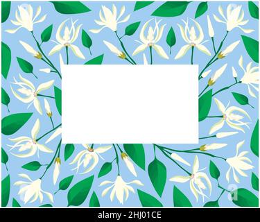 Schöne Blume, Illustration Rahmen von White Michelia Alba oder White Champaca Blumen mit grünen Blättern auf Baumzweigen. Stockfoto