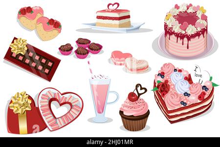 Set von Valentinstag-Vektordesserts, Süßspeisen, Backwaren mit: Cookies, Kuchen, Makronen, Schokolade, Milchshake, cupcake, Trüffel Stock Vektor
