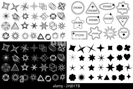 Abstrakte geometrische Formen und Aufkleber Label Abzeichen großen Satz. Moderne Geometrieelemente. Sammlung von Cyber-Form, Cyberpunk. Trendiges Design Stock Vektor
