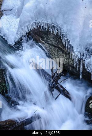 Schnee- und Eisdetails im Cabanes-Fluss im Gerdar-Wald im Winter (Nationalpark Aigüestortes i Estany de Sant Maurici, Katalonien, Spanien) Stockfoto