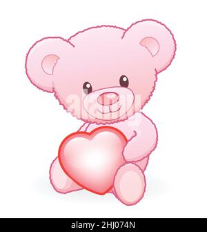 Einfache klassische niedliche rosa kuschelig Cartoon Teddybär sitzt mit Valentinstag Liebe Herz Vektor isoliert auf weißem Hintergrund Stock Vektor