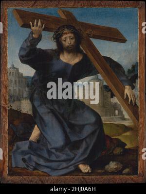 Christus trägt das Kreuz ca. 1520–25 Jan Gossart (Mabuse genannt) Christus erscheint isoliert vor den Mauern Jerusalems, stolpert und wird von der schweren Last des Kreuzes belastet. Seine kunstvolle Pose spiegelt Gossarts Studium der römischen Skulptur wider. Gossarts ergreifende Darstellung des leidenden Erlösers, die zur privaten Meditation bestimmt ist, reagiert auf weit verbreitete Texte wie Thomas à Kempis’ De Imitatione Christi (Imitation of Christ, um 1420), die sich für eine persönliche und empathische Kontemplation mit Schwerpunkt auf den einzelnen Ereignissen des Leidens Christi einsetzten. Verwendet als visuelles Hilfsmittel für private Hingabe, Th Stockfoto