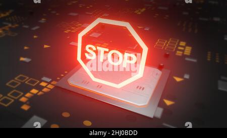 Stopp-Taste auf der roten, heißen Hauptplatine Stockfoto
