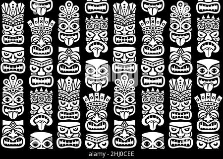 Tiki Pol Totem Vektor nahtloses Muster - traditionelle Statue oder Maske repetitve Design aus Polynesien und Hawaii in weiß auf schwarz Stock Vektor