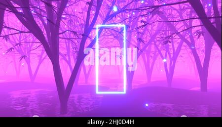 Leuchtender Neonrahmen im Wald. Fluoreszierendes Lichtportal in der Dunkelheit für Kopierraum. Sci Fi Cyber Futuristischer, Glühender Tunnel-Korridor. 3D Rendern Stockfoto