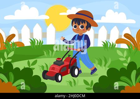 Handgezeichnetes Rasenmähen Illustration Vektor Illustration. Stock Vektor