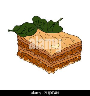 Moussaka, traditionelle griechische Küche. Kartoffel- und Fleischauflauf mit Käse. Handgezeichnete Vektorgrafik. Designelement für Menü Cafe, Bistro, Stock Vektor