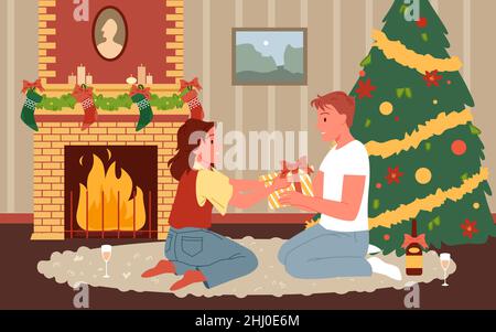Cartoon Mann und Frau sitzen auf dem Boden mit Geschenk-Box in der Nähe des Kamins, feiern die Menschen zu Hause Wohnzimmer mit festlichen Tannenbaum Hintergrund. Weihnachten Stock Vektor