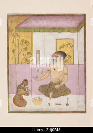 Khambhavati Ragini: Folio aus einer ragamala-Serie (Girlande der musikalischen Modi) ca. 1675 Indien (Rajasthan, Bikaner) Hier macht ein weiblicher Bettler ein vedisches Feueropfer an den gott Brahma, der mit vier überlappenden Gesichtern dargestellt wird und einen Text, Rosenkranz (mala) und Blume hält. Ein früherer ragamala-Text von 1550 enthält die folgende Beschreibung von Brahma: „Er [Brahma] lehrt die Veden.. Und bewirkt, dass andere das Feueropfer durchführen. Ein leuchtendes Gewand bedeckt die Schönheit [ihres] Körpers; [ihre] helle Farbe glänzt.“ Khambhavati Ragini: Folio aus einer ragamala-Serie (Girlande der musikalischen Modi) 55248 Stockfoto